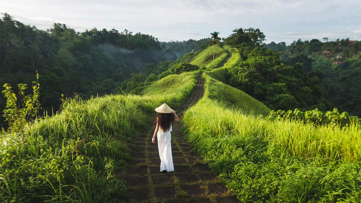 ine Frau geht durch die üppigen, terrassierten Reisfelder Balis. Bali Prime Development schätzt die Erhaltung der natürlichen Schönheit der Insel und fördert umweltfreundliche, nachhaltige Lebensräume.