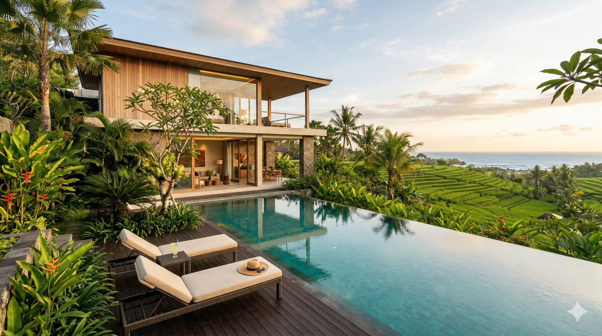 Moderne Luxusvilla auf Bali mit Infinity Pool, tropischem Garten und Blick auf Reisfelder und Meer