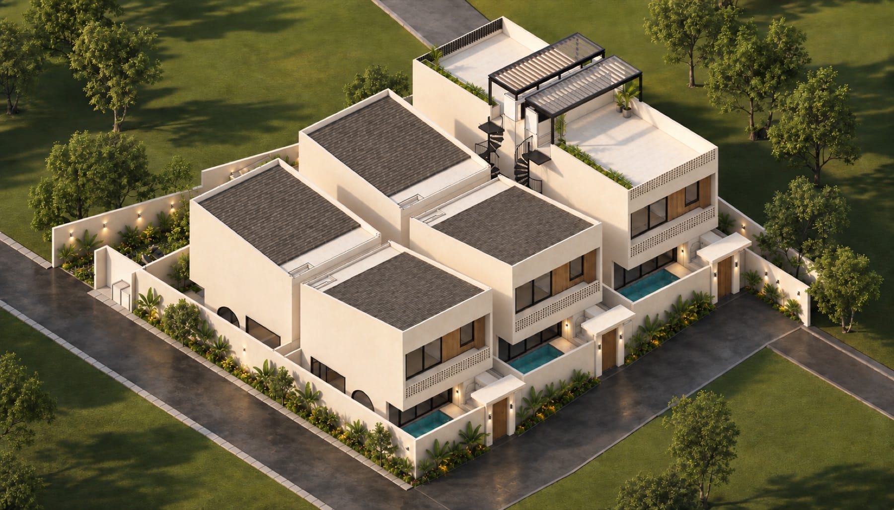 Architekturvisualisierung der sechs NORU Townhouses in Ungasan