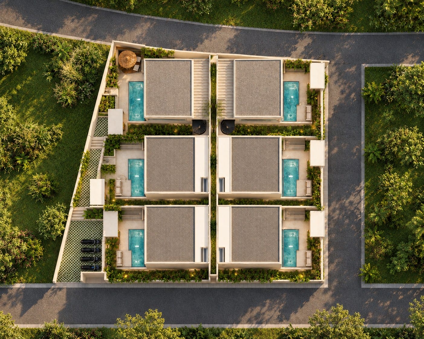 Visualisierte Projektübersicht der sechs NORU Townhouses