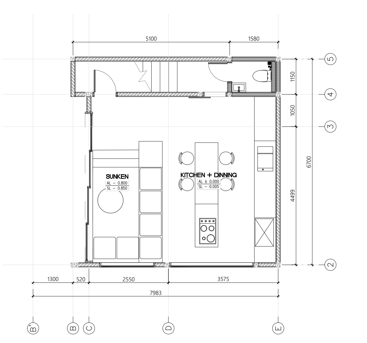 NORU Grundriss Erdgeschoss: Lounge, Küche, Essbereich, Gäste-WC und Treppe