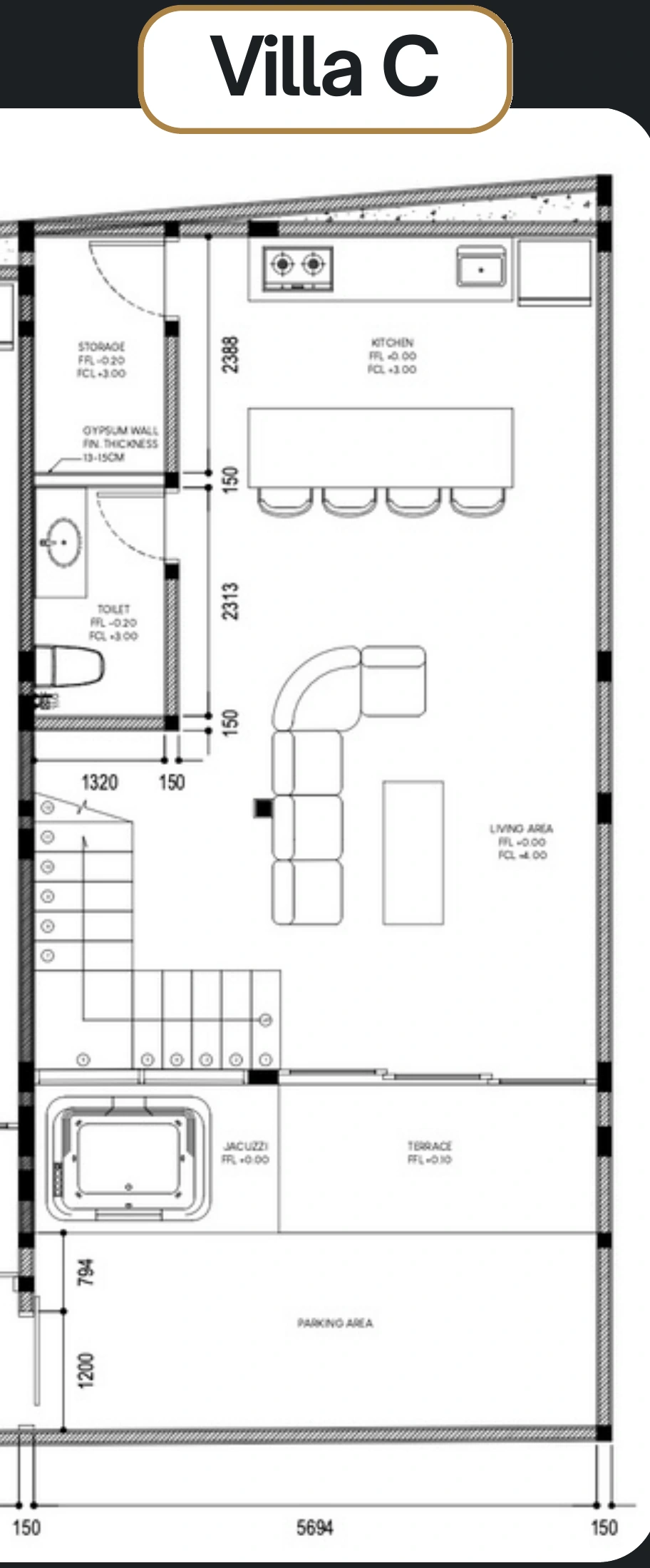 Villa C · Grundriss Erdgeschoss mit Küche, Wohnbereich, WC, Abstellraum und Terrasse