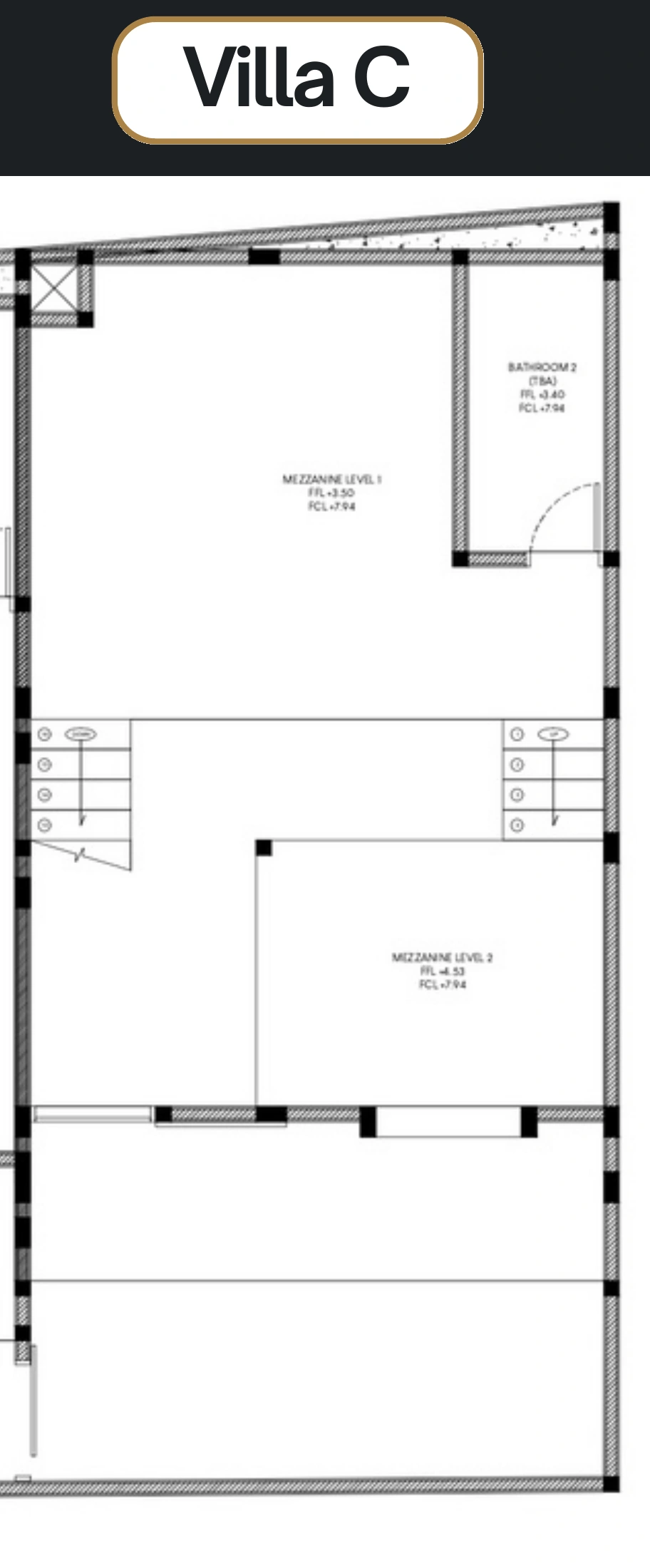 Villa C · Grundriss Obergeschoss mit Galerieebenen und Badezimmer