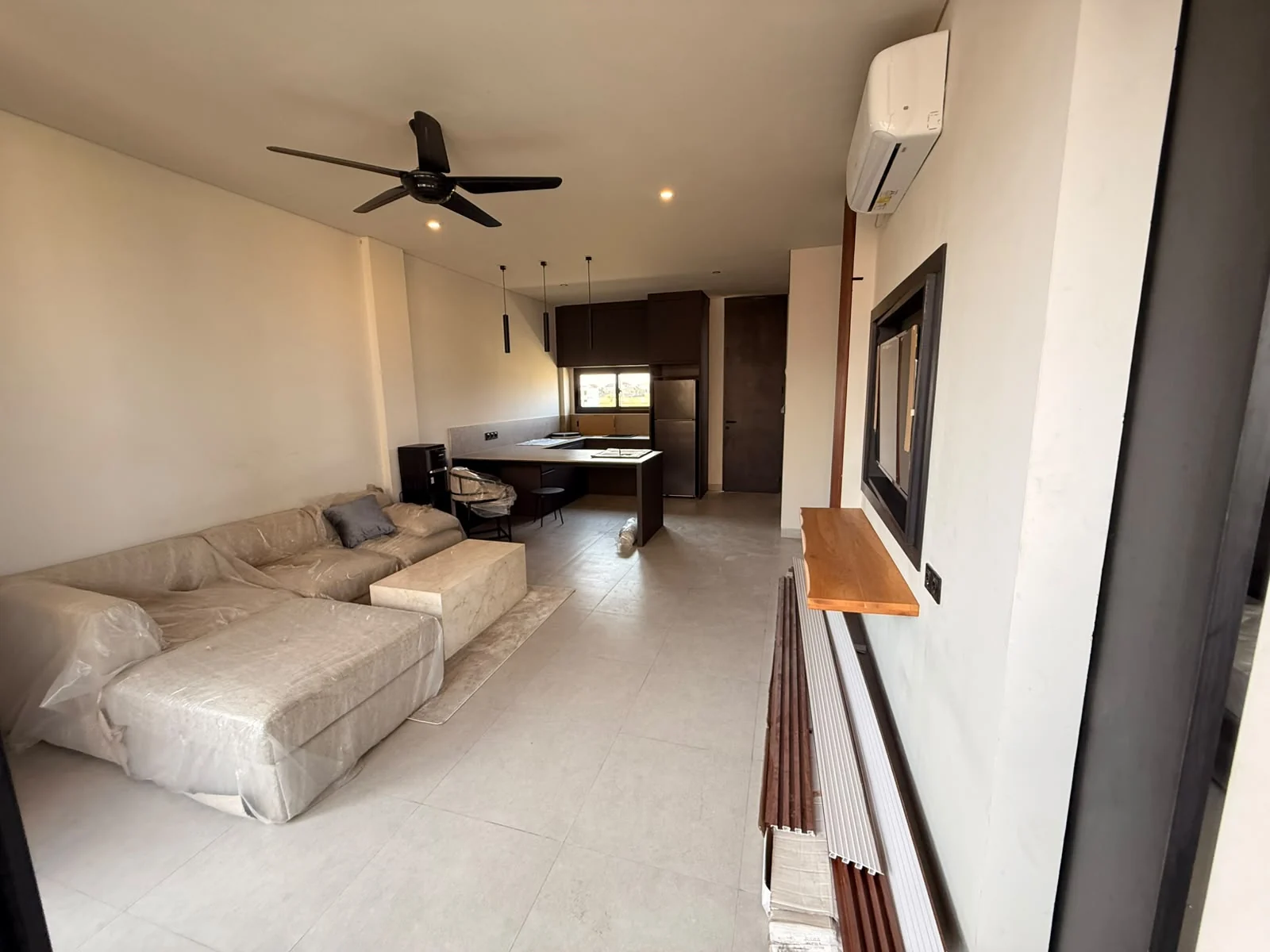 Wohnbereich mit Sofa und angrenzender Küche
