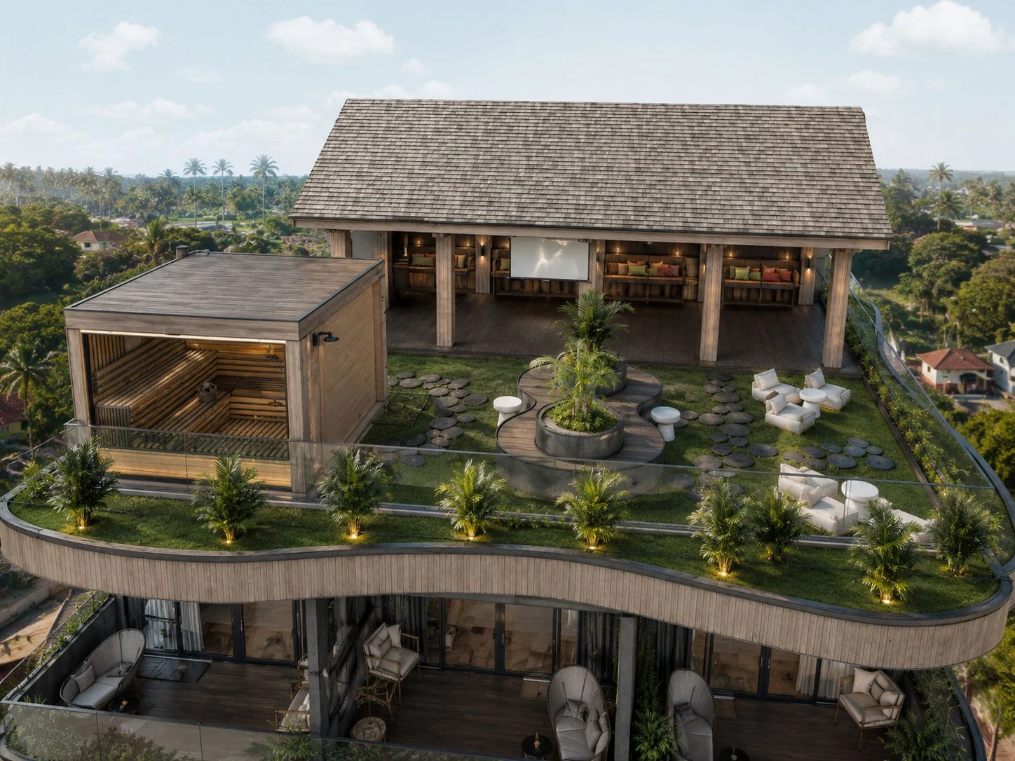 Gemeinschaftliche Dachterrasse mit Sauna, Sitzbereichen und überdachter Lounge